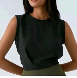 Halara Crew Neck Cropped Tank Top Womens Large Black Yoga Ribbed Muscle NWT